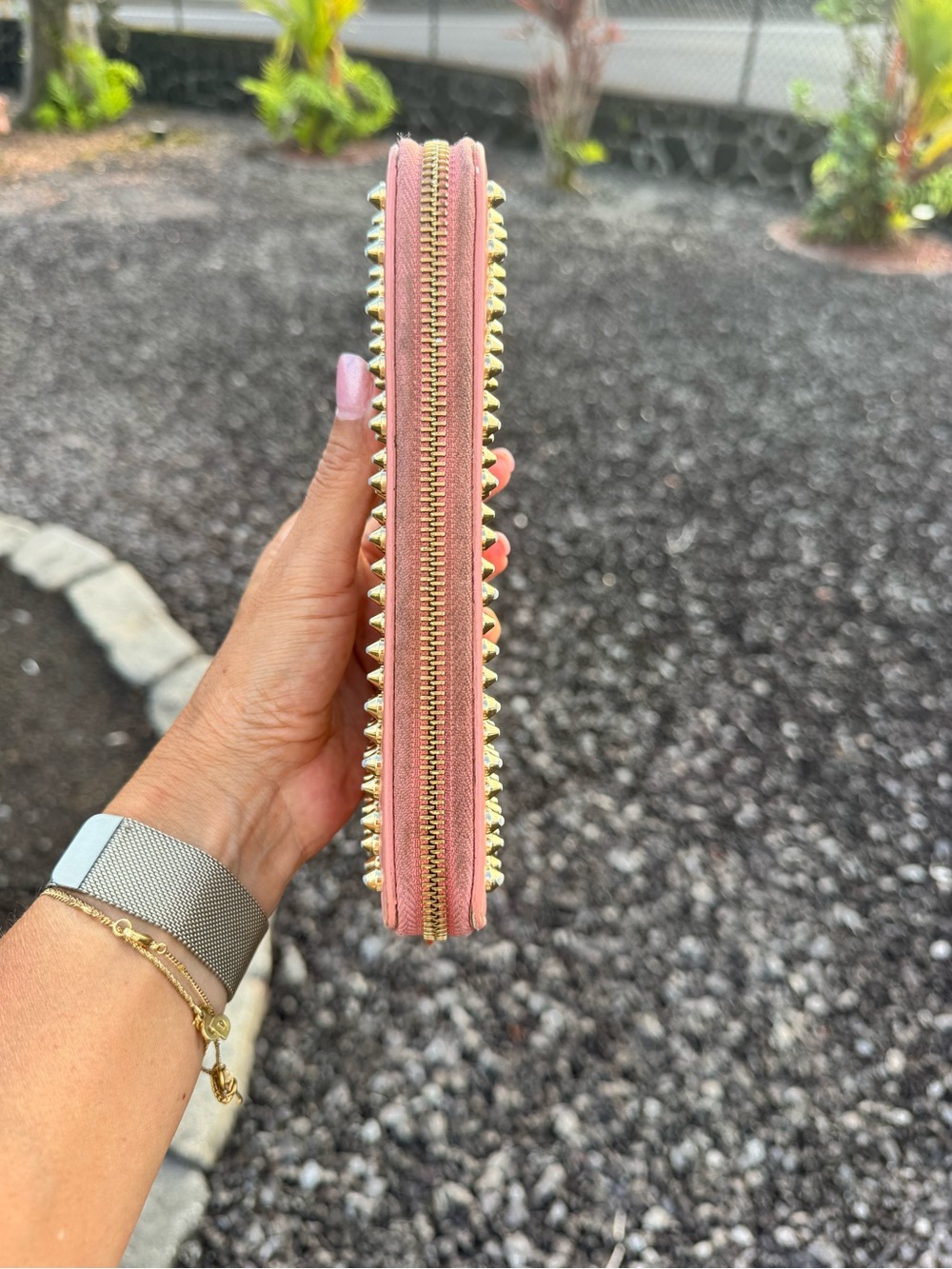 Christian Louboutin Pink Spiked Zip Around Wallet Gold Studs Leather - Picture 7 of 14